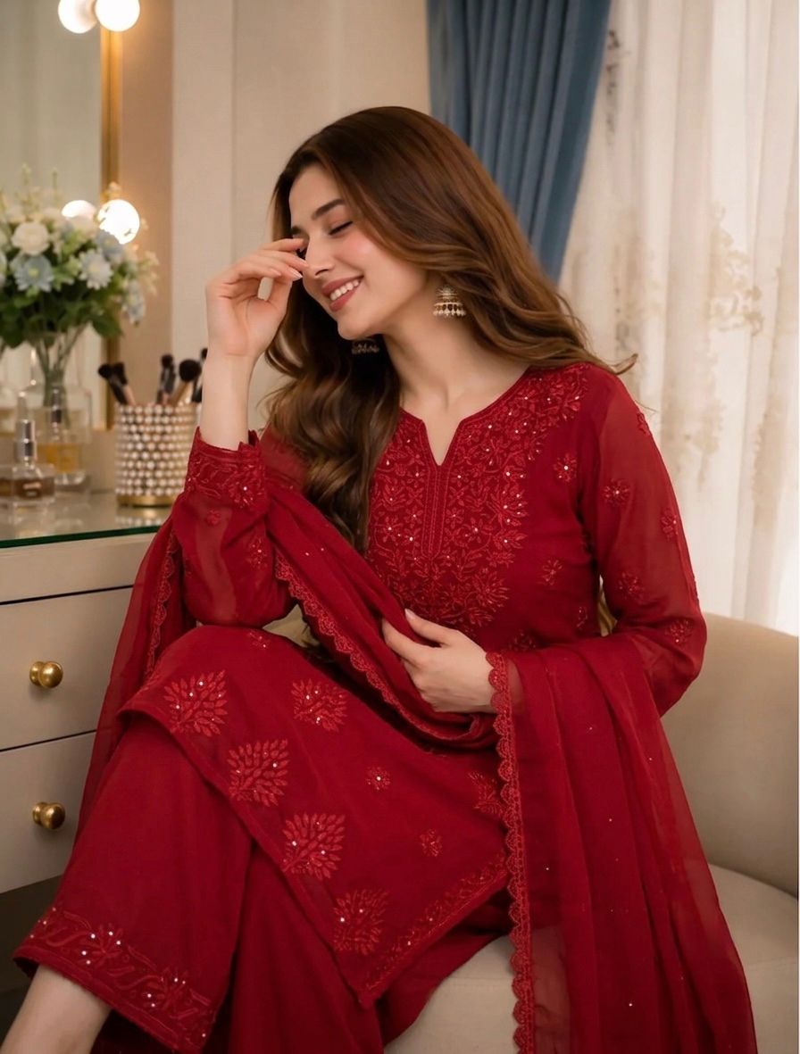 Blooming Red Top Palazzo Dupatta Suit Set