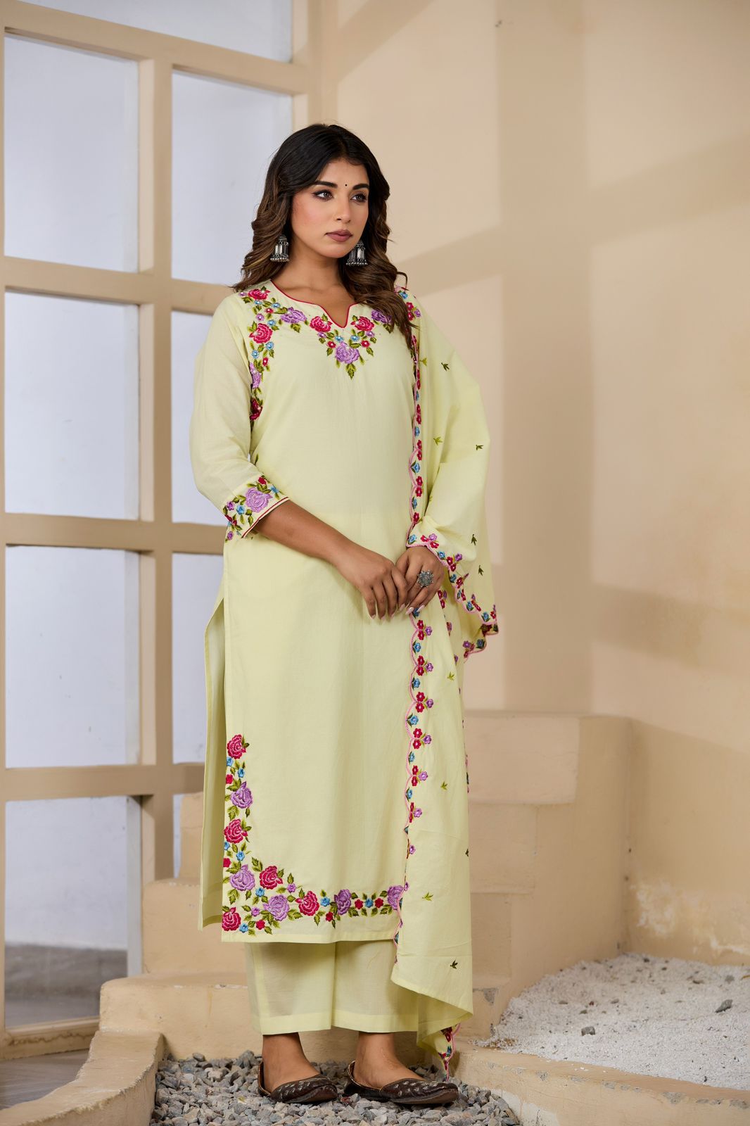 Cotton Floral Embroidery Suit