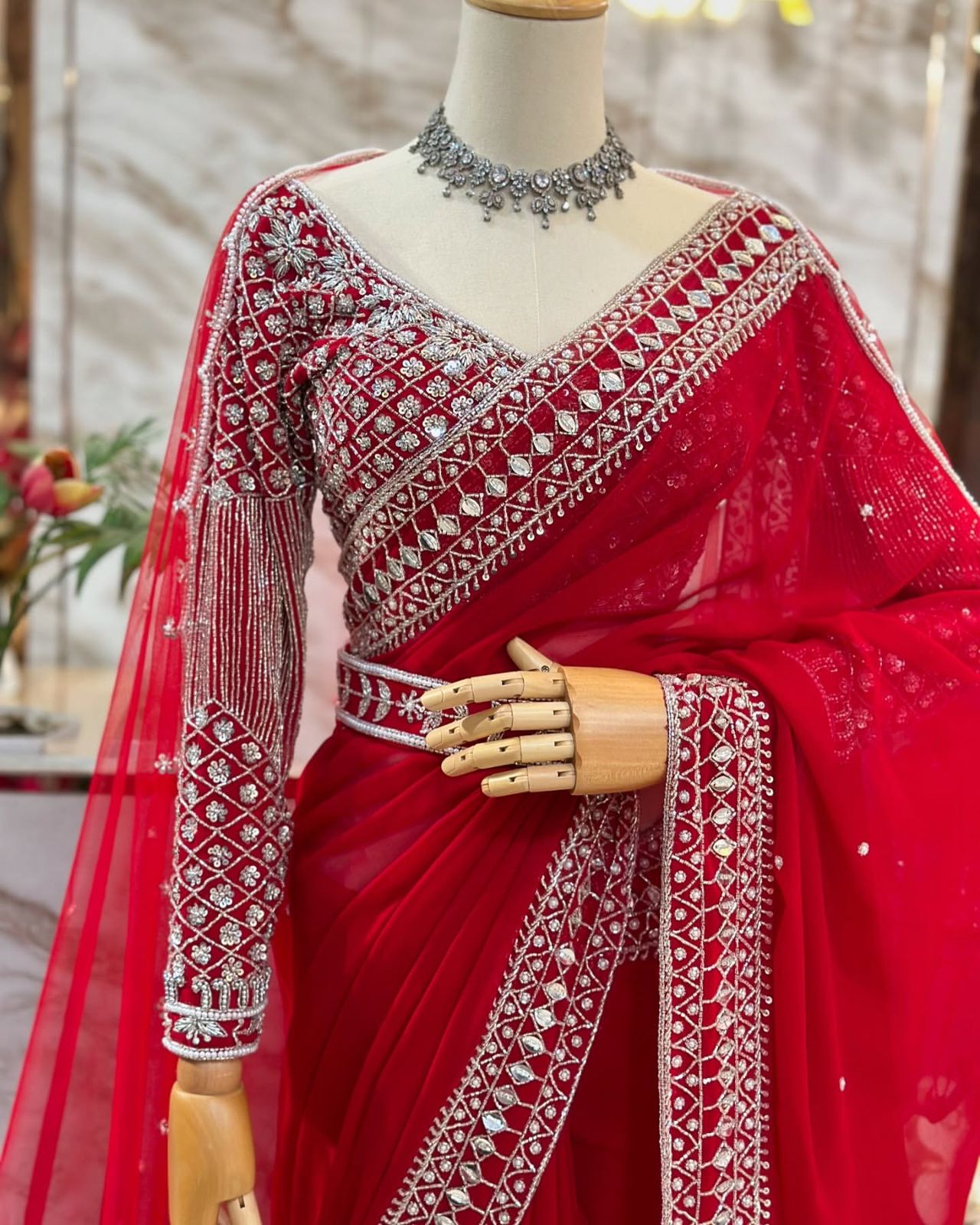 Designer Red Tibby Silk Saree