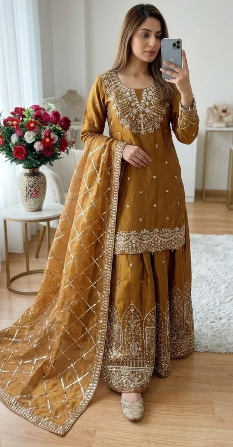 Festive Special Fendi-Silk Top, Sharara & Dupatta Set