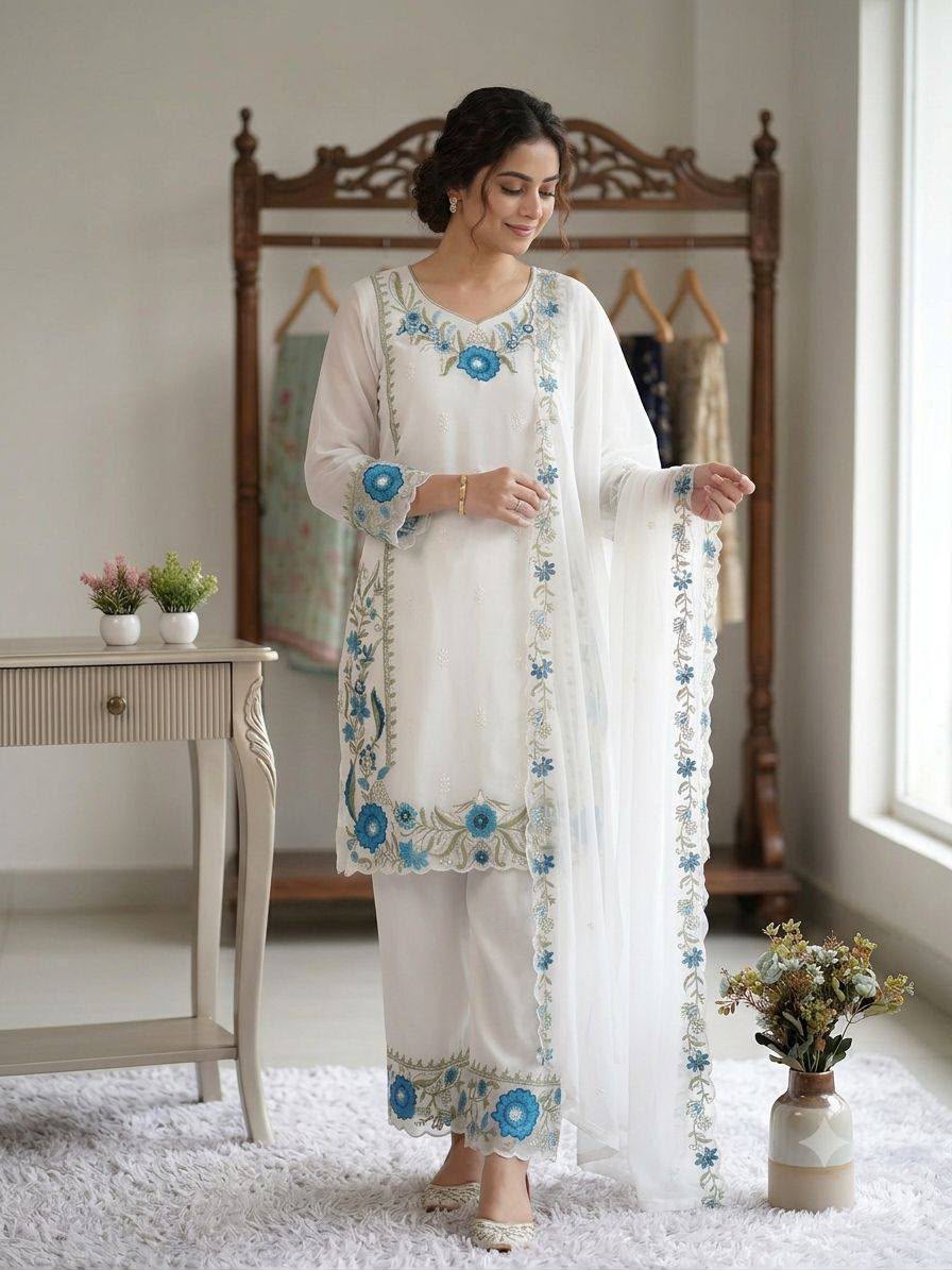 Floral Embroidery Faux Georgette Suit Set