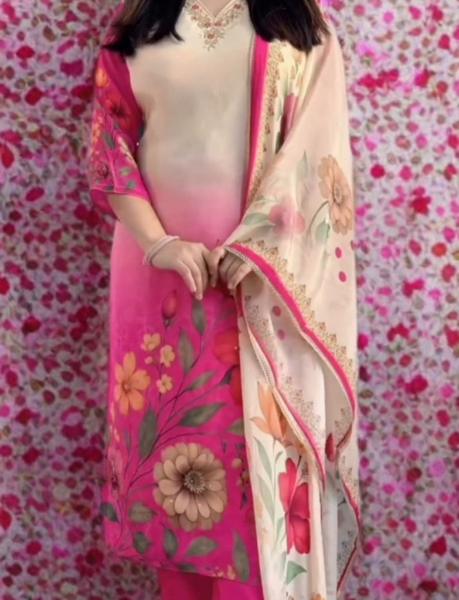 Floral Printed Silk Suit Set