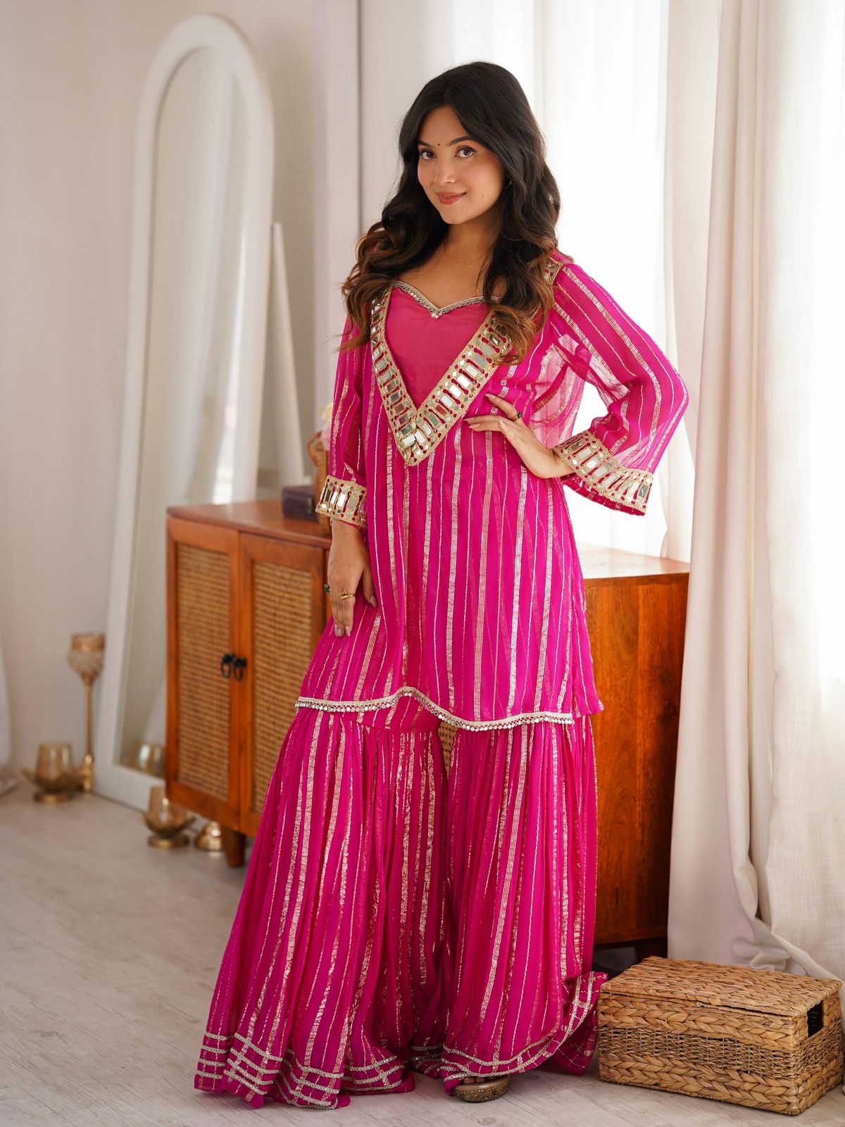 Mirror Glow Gold Zari Sharara Set