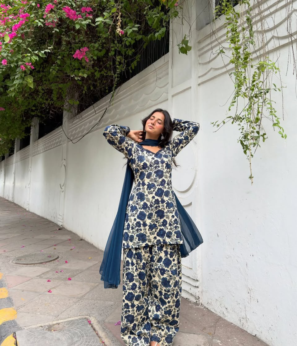 Navy Floral Farshi Suit Set