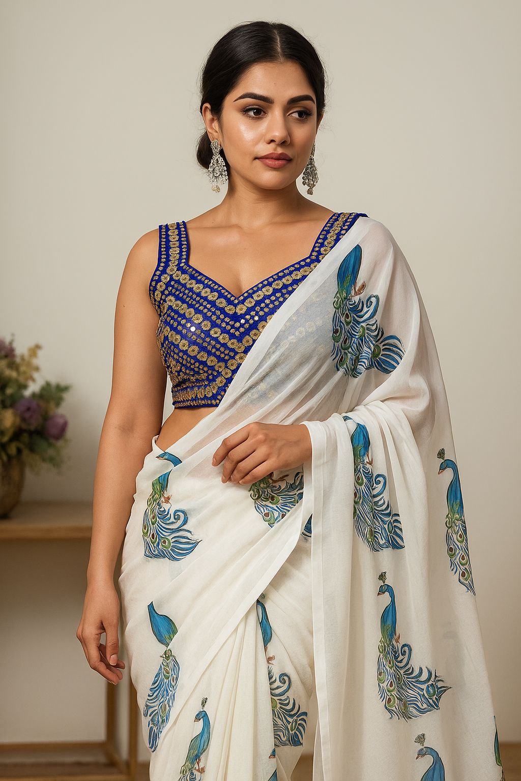 Peacock-printed Designer Saree