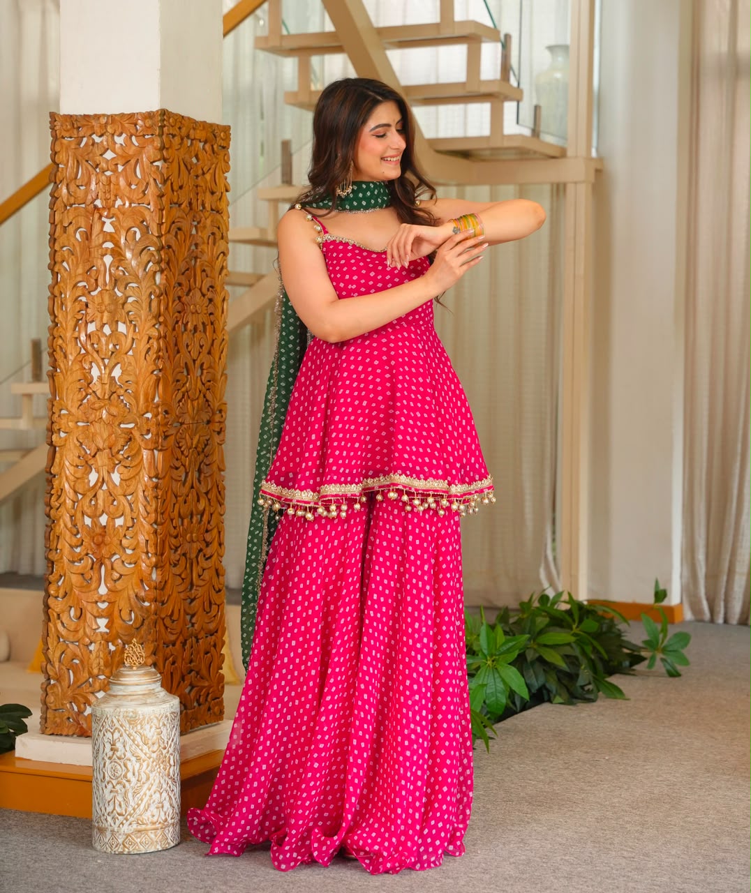 Pink Bandhej Kediya Palazzo Set