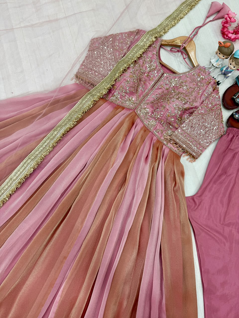 Rose Gold Moss Silk Designer Gown Set