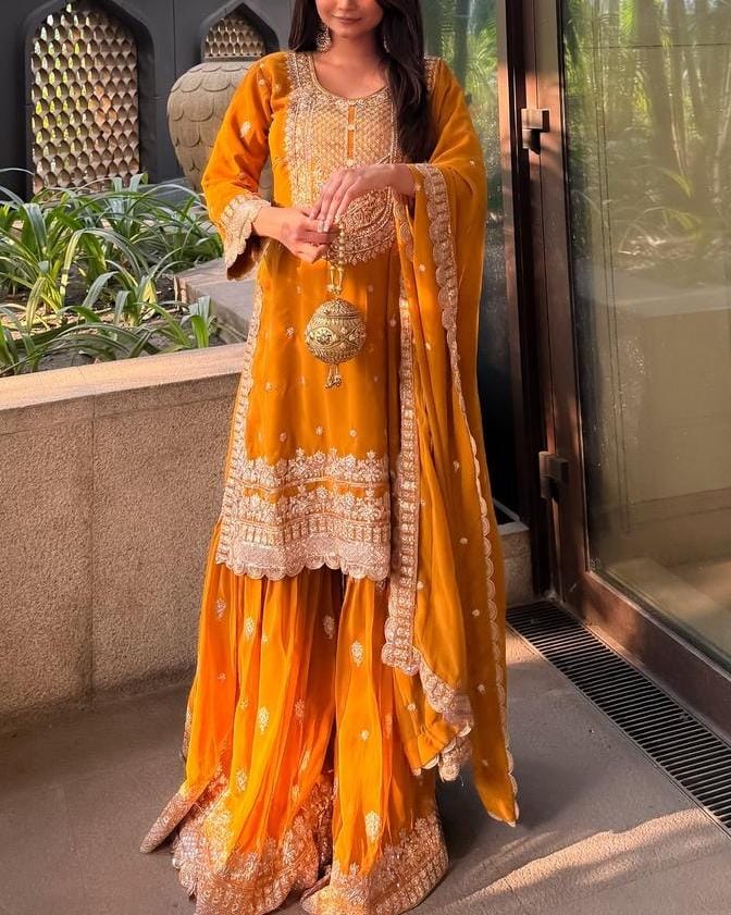 3-Piece Designer Set with Kurti Sharara & Dupatta