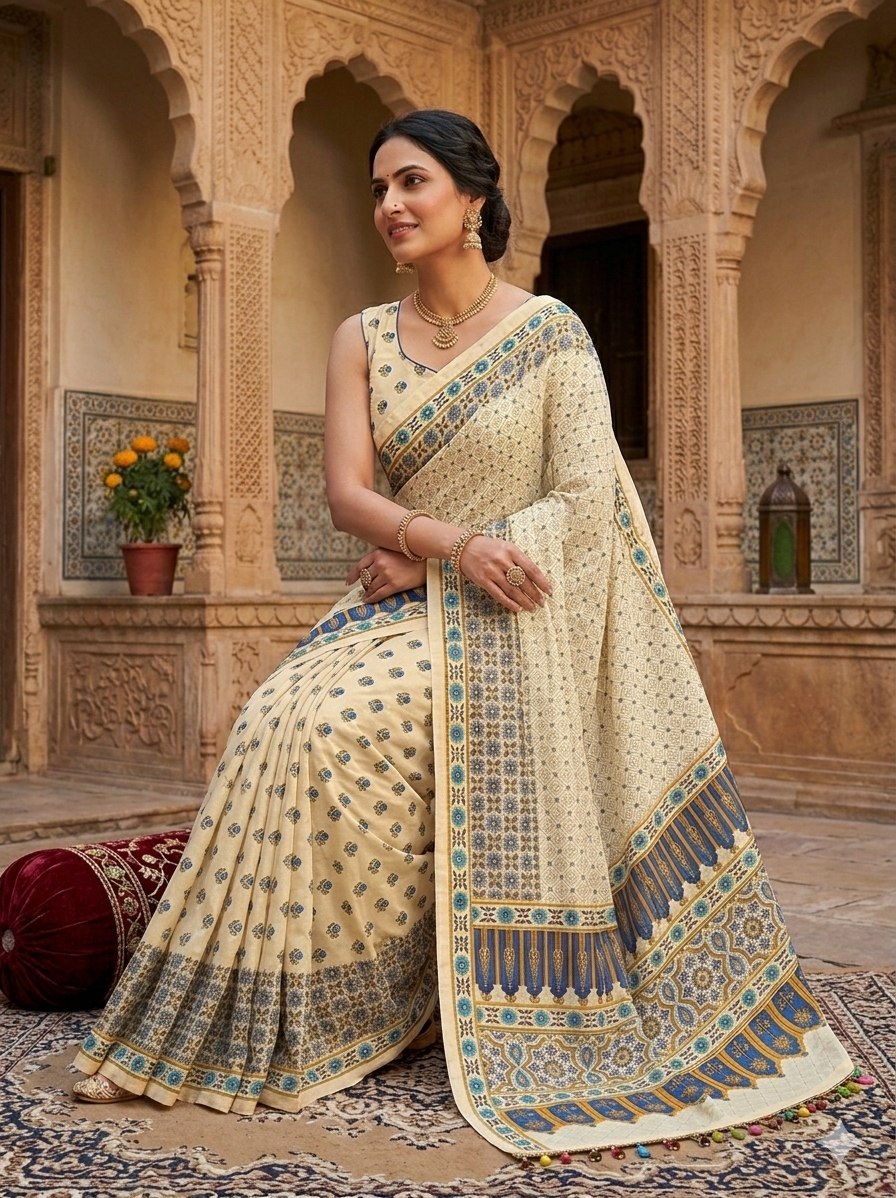 Ajrak Mirror Work Saree