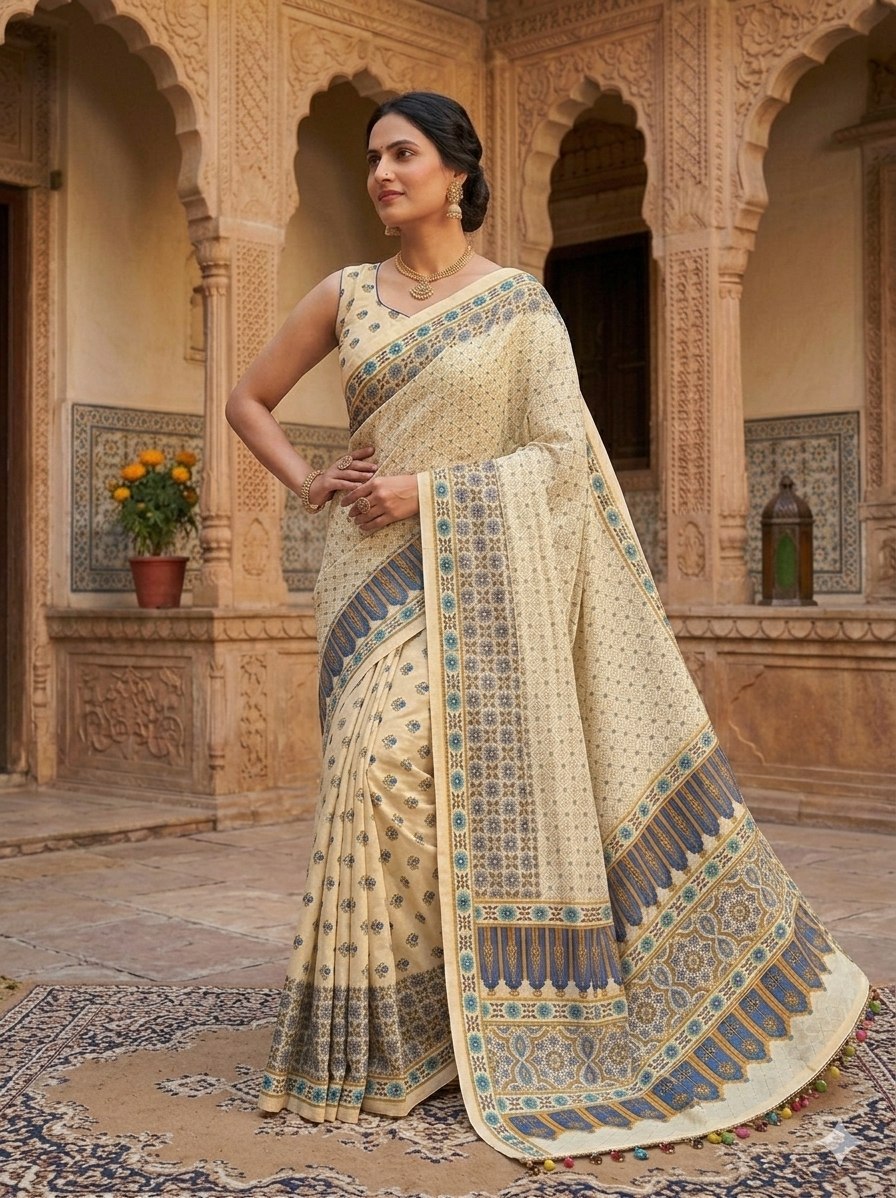 Ajrak Mirror Work Saree