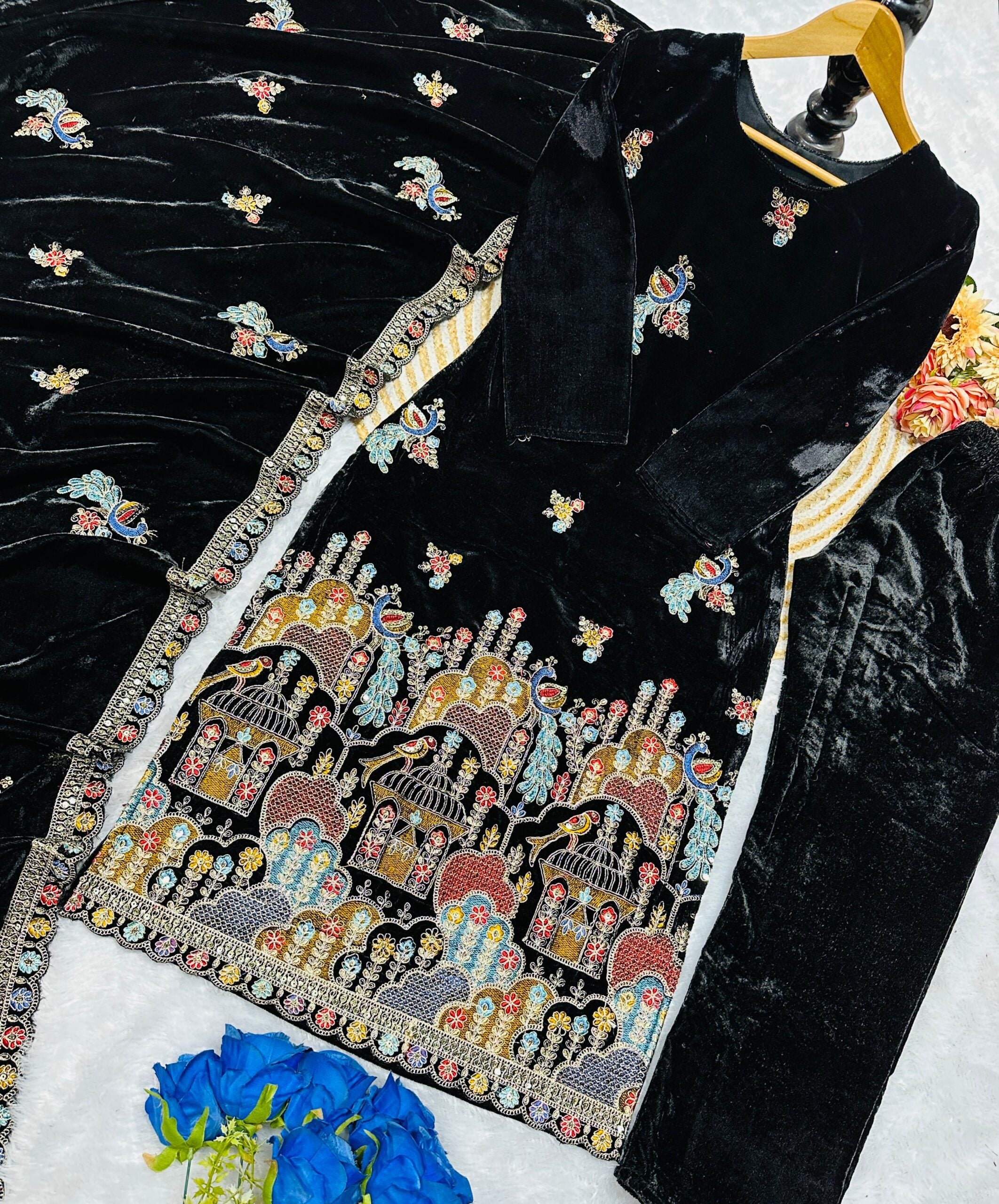 Black Viscose Velvet Suit Set