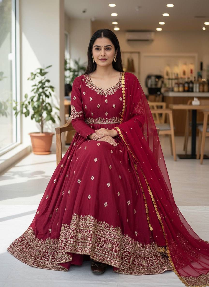 Cherry Red Designer Gown Set