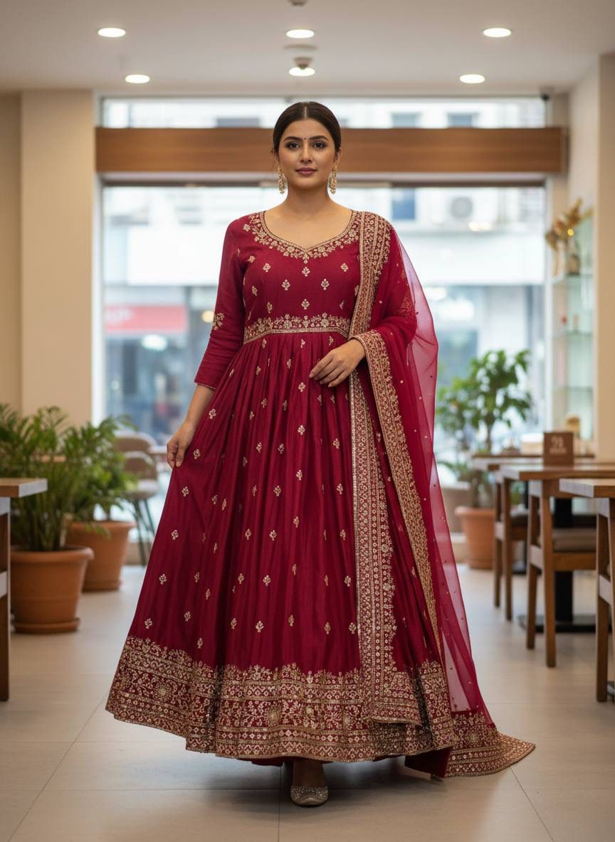 Cherry Red Designer Gown Set