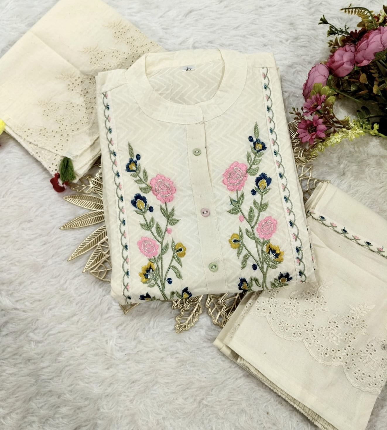 Cotton Dobby Schiffli Kurti Set