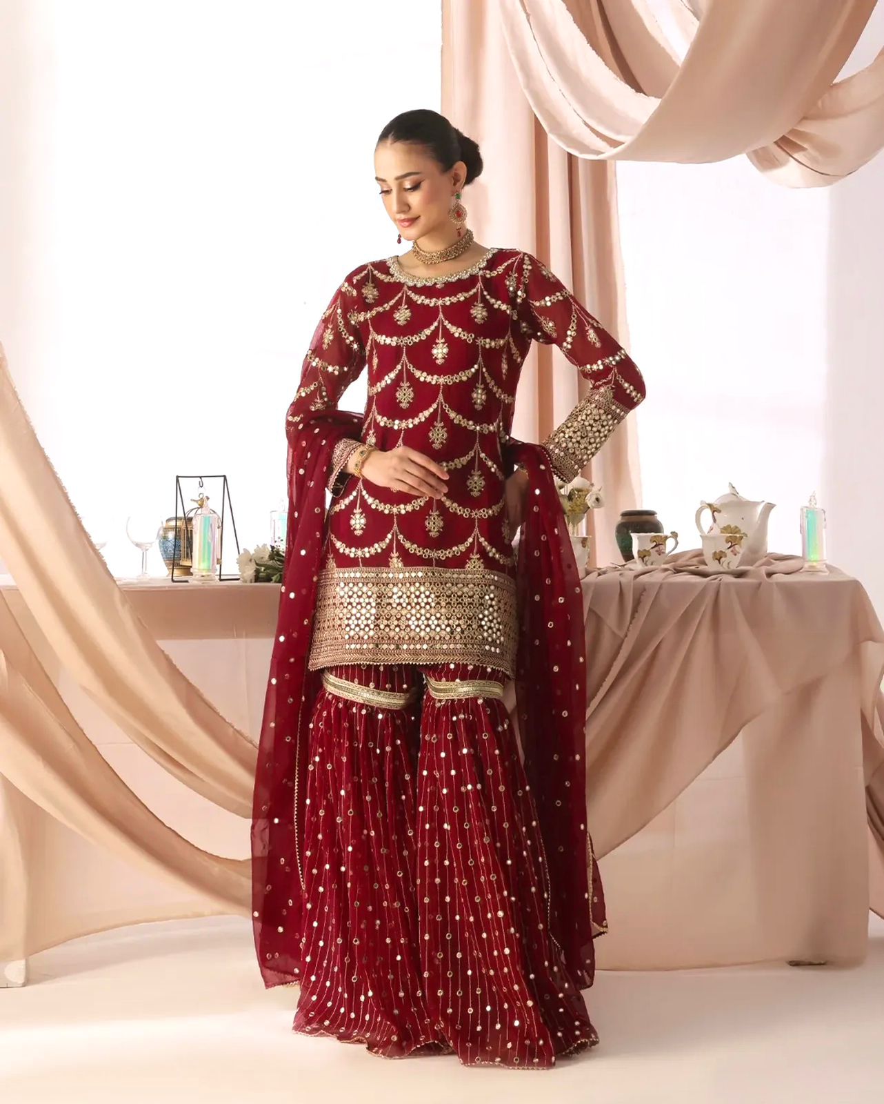 Bold Red Embroidery Sequin 3-Piece Suit Set