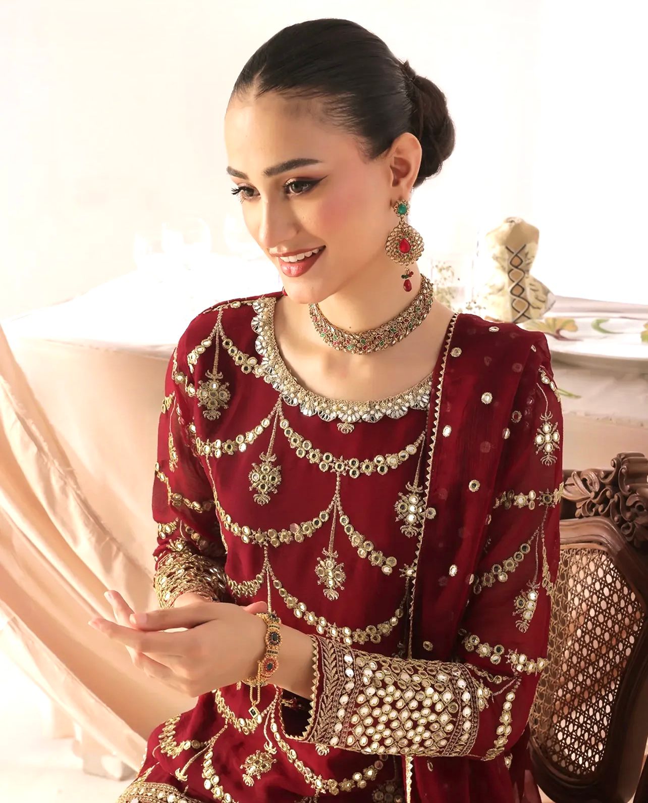 Bold Red Embroidery Sequin 3-Piece Suit Set