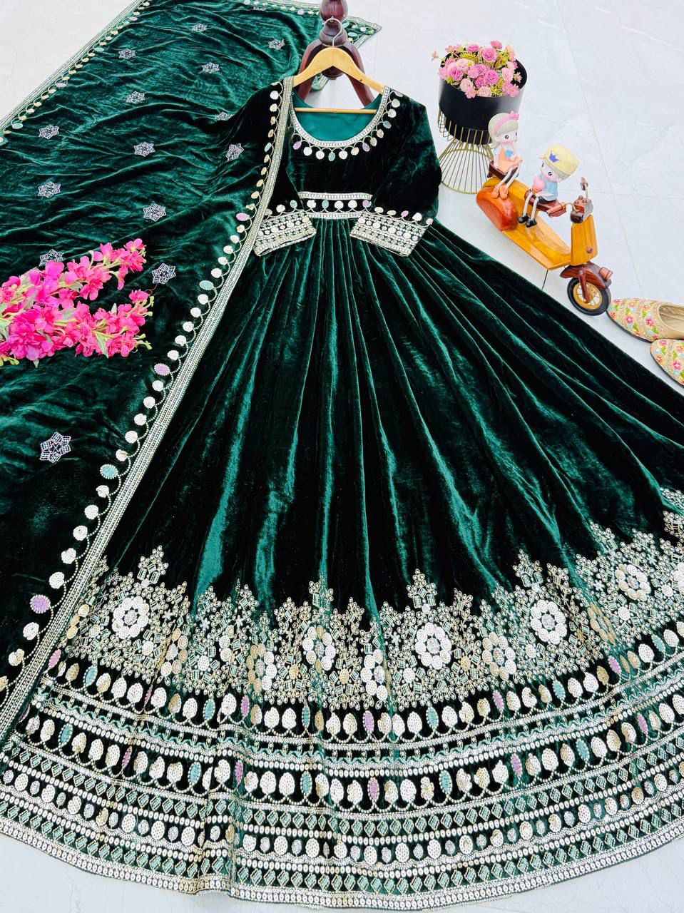 Designer Party Gown & Dupatta Set – Heavy Velvet Elegance