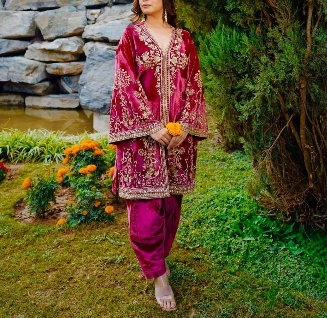 Velvet Kurti-Palazzo-Dupatta Set