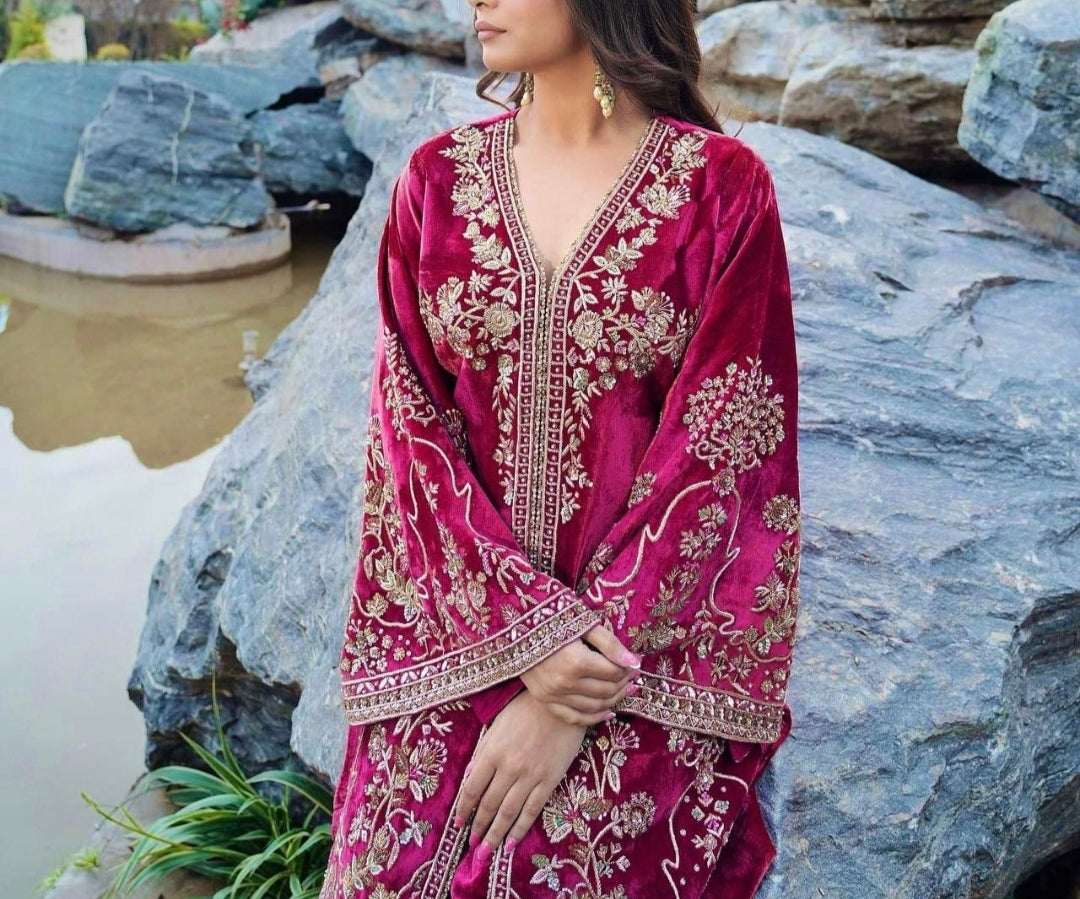 Velvet Kurti-Palazzo-Dupatta Set