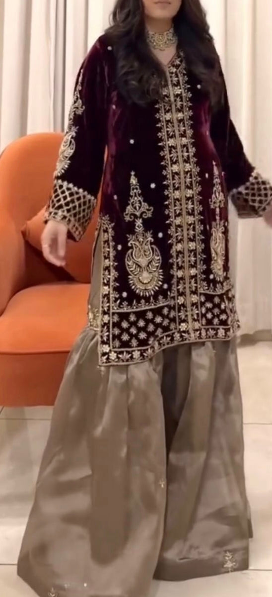 Designer Velvet Top & Palazzo Set with Fancy Dupatta