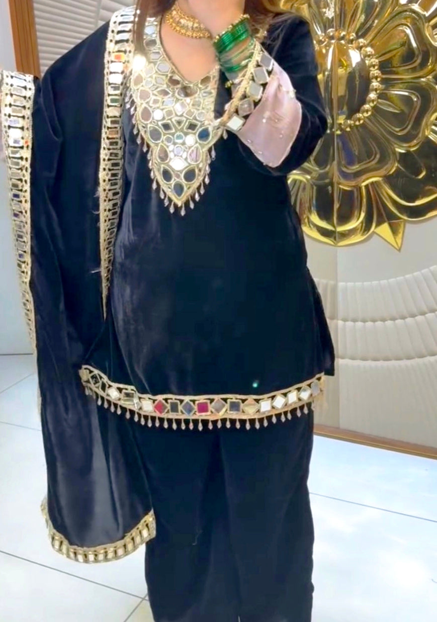 3-PC Velvet Set with Real Mirror & Embroidery work