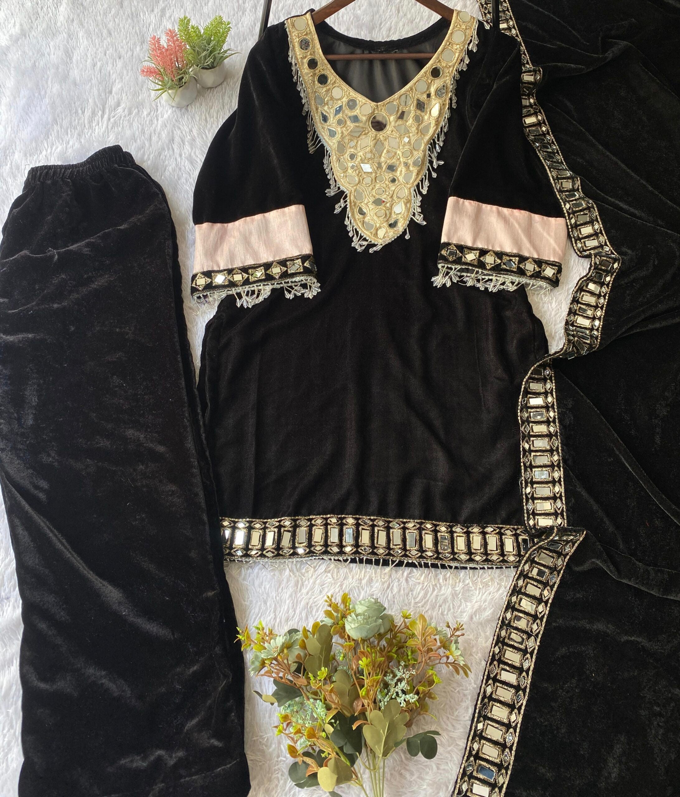 3-PC Velvet Set with Real Mirror & Embroidery work