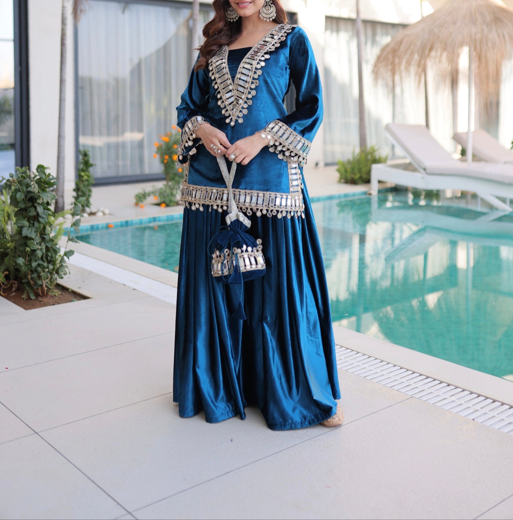 Velvet Top–Palazzo–Bag set