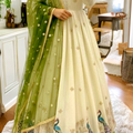 Silk Gown Pant & Dupatta Set- Peacock Print
