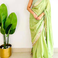 New Trending Original Mirror & Embroidery Work Satin Silk Saree 