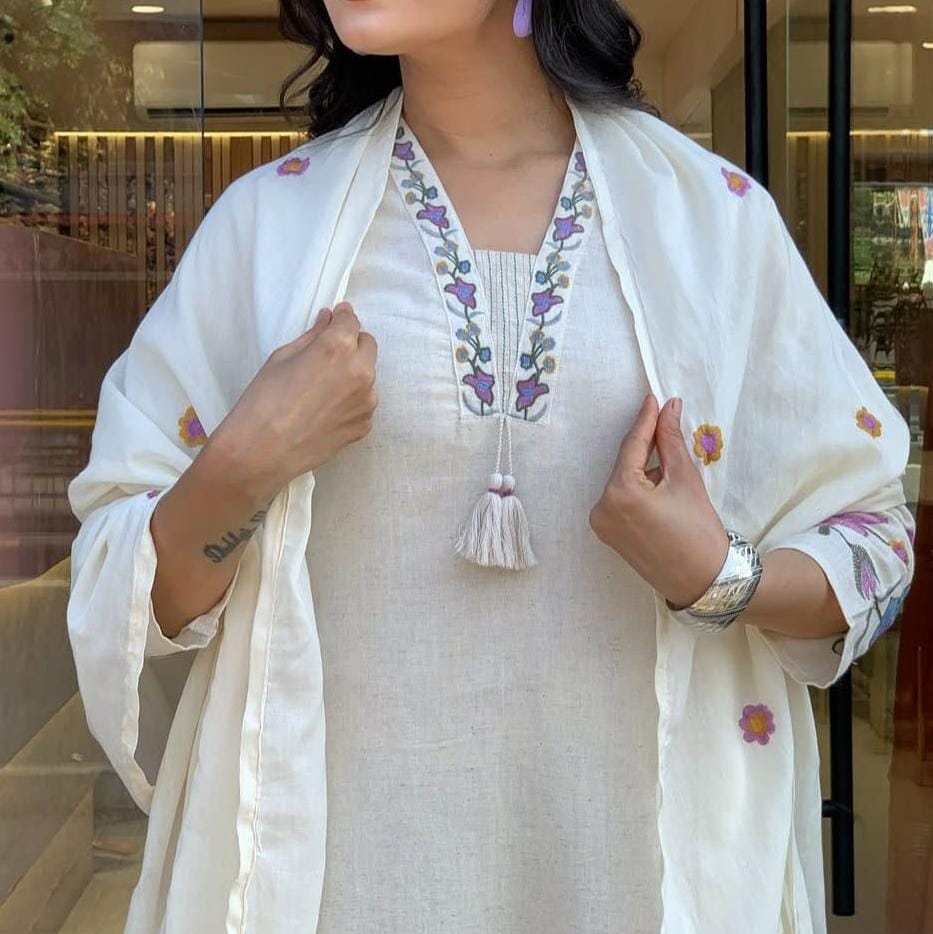 Khadi Cotton Kurti Pant Dupatta Set