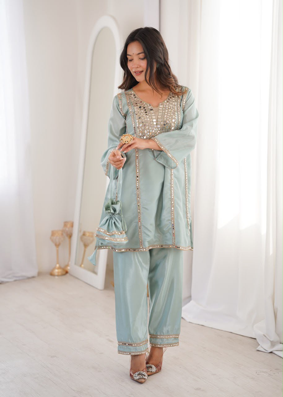 Designer Chanderi Top, Palazzo & Dupatta Set
