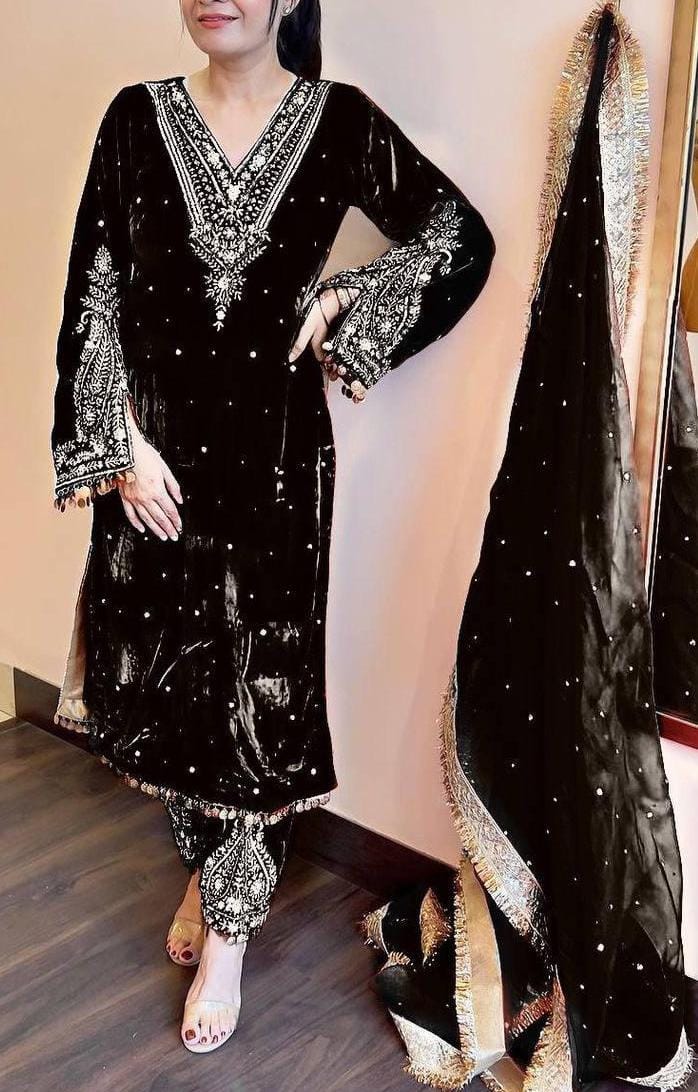 Velvet Kurti-Palazzo-Dupatta Set