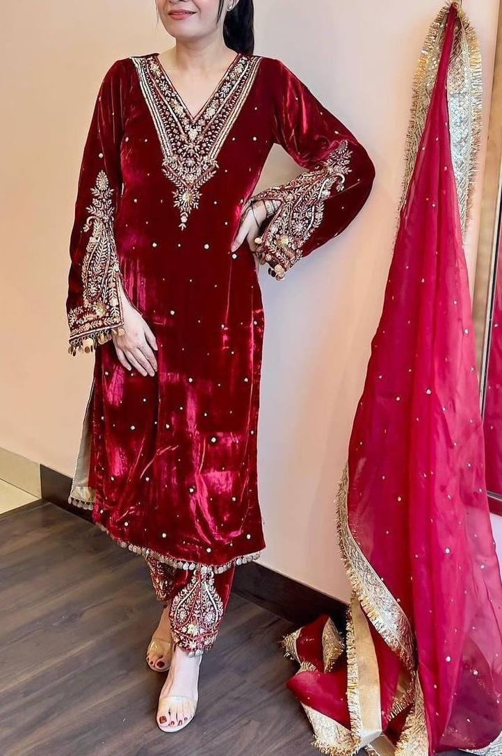 Velvet Kurti-Palazzo-Dupatta Set